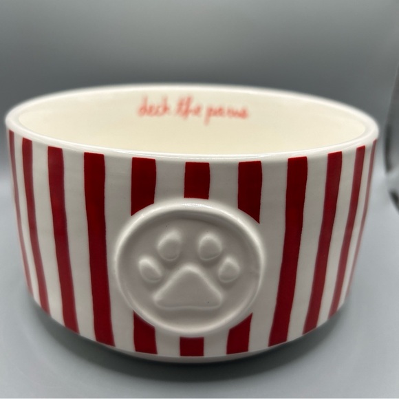 Rae Dunn Peppermint Striped DECK THE PAWS Dog Pet Bowl Paw Print Christmas New - Picture 1 of 3